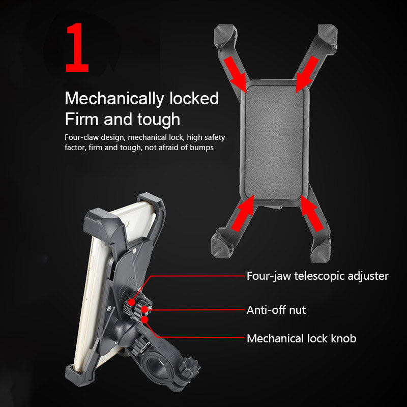 Black phone holder with four claw design, red arrows highlighting features, text on durability.