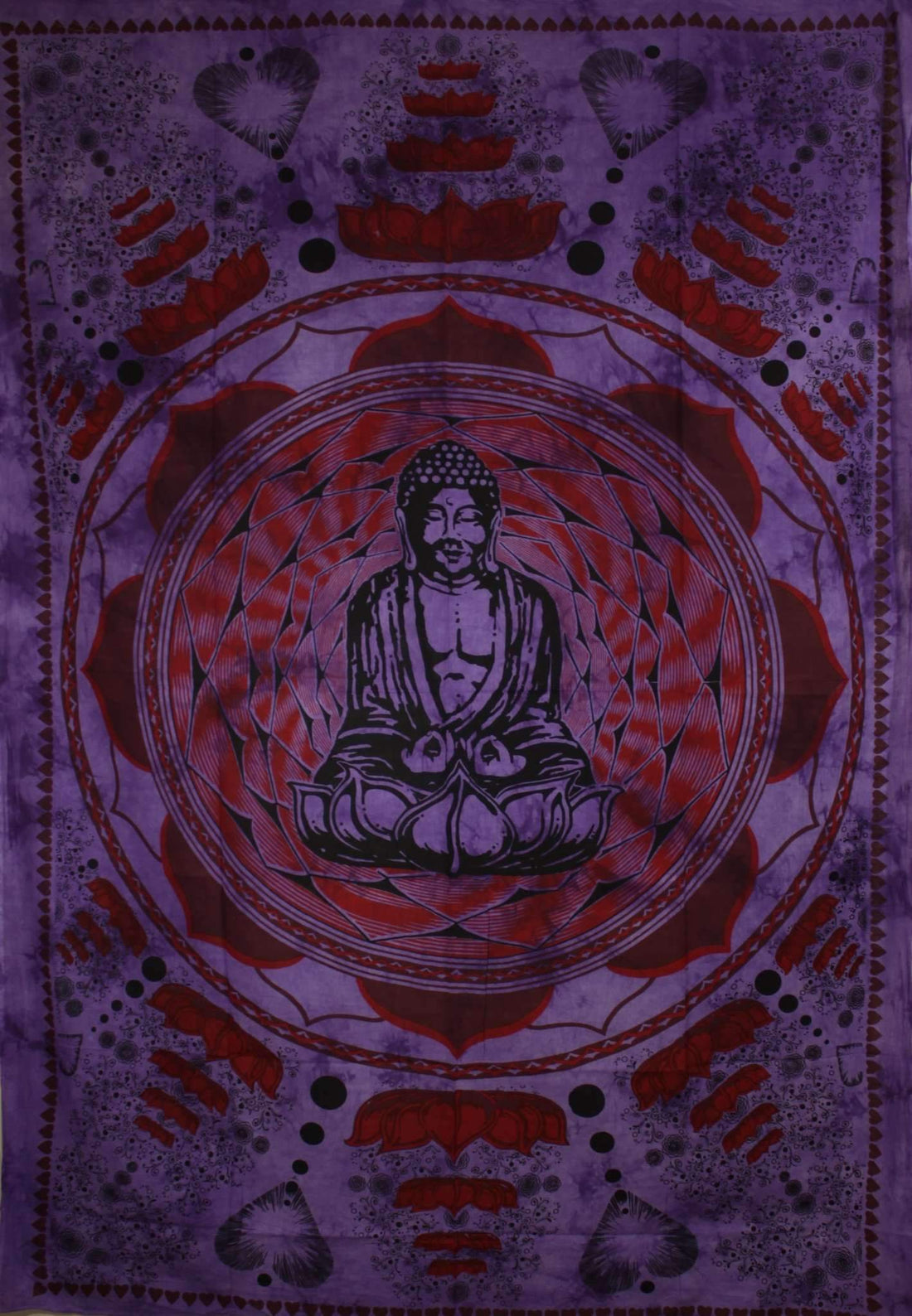 Purple tapestry with a centered black Buddha figure, surrounded by red lotus patterns and ornate designs.