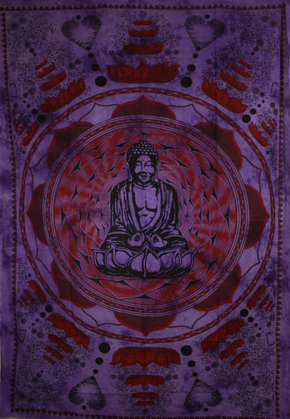 Purple tapestry with a centered black Buddha figure, surrounded by red lotus patterns and ornate designs.