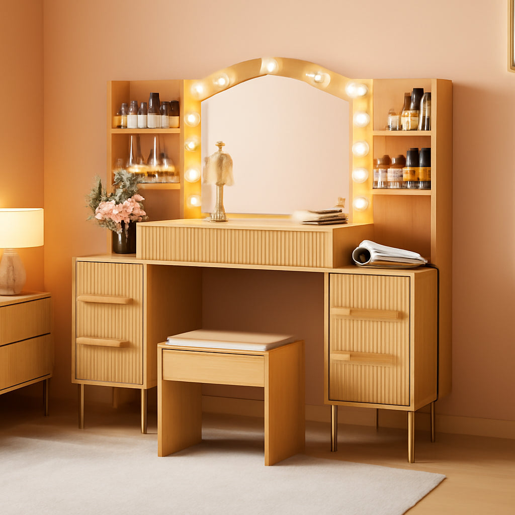 Fifty FiveInch Oak Vanity Desk With Mirror Lighting-0