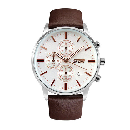 Silver watch with a white dial, brown markers, three sub-dials, and a brown leather strap.