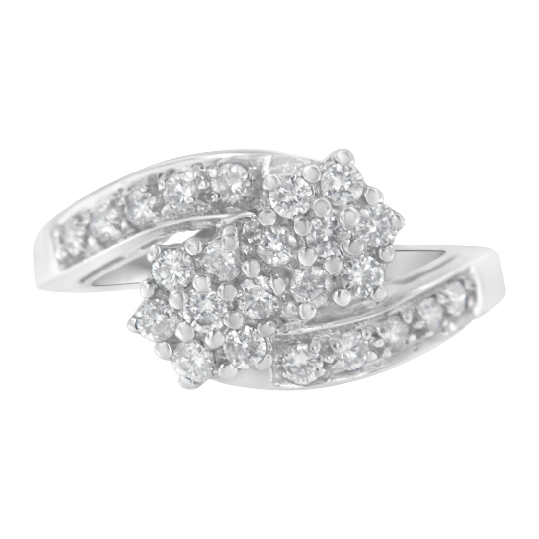 Silver ring with diamond clusters and shimmering band accents.