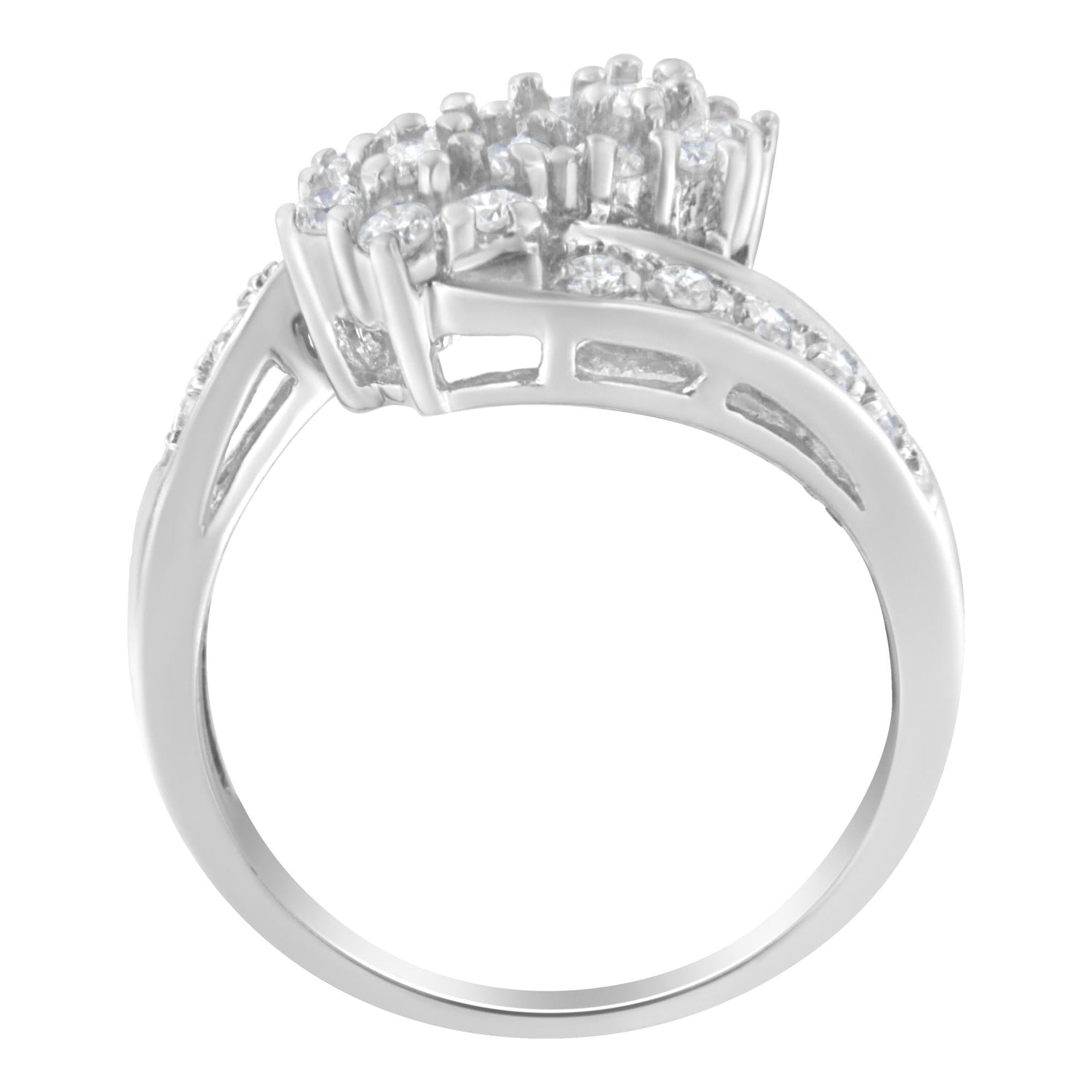 Silver ring with rows of small, sparkling diamonds atop and along the band.