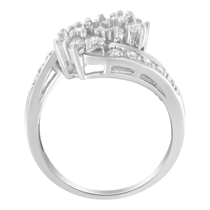 Silver ring with rows of small, sparkling diamonds atop and along the band.