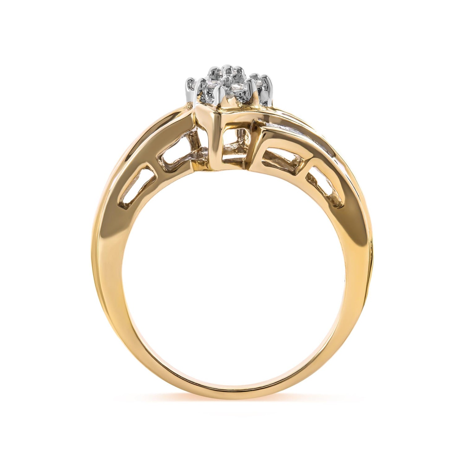 Gold ring with an ornate design holds a cluster of small diamonds atop a white setting.