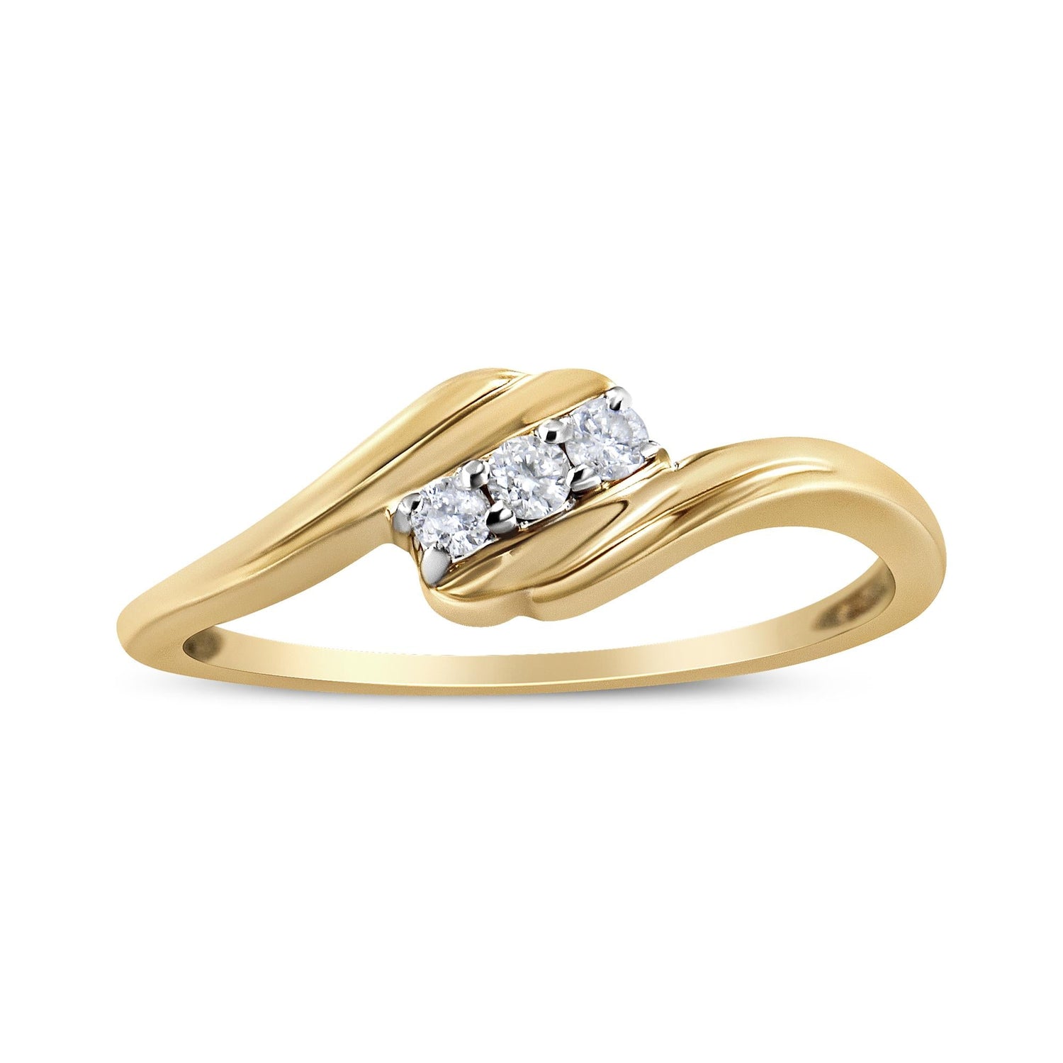 Gold ring with three small diamonds set in a wave design.