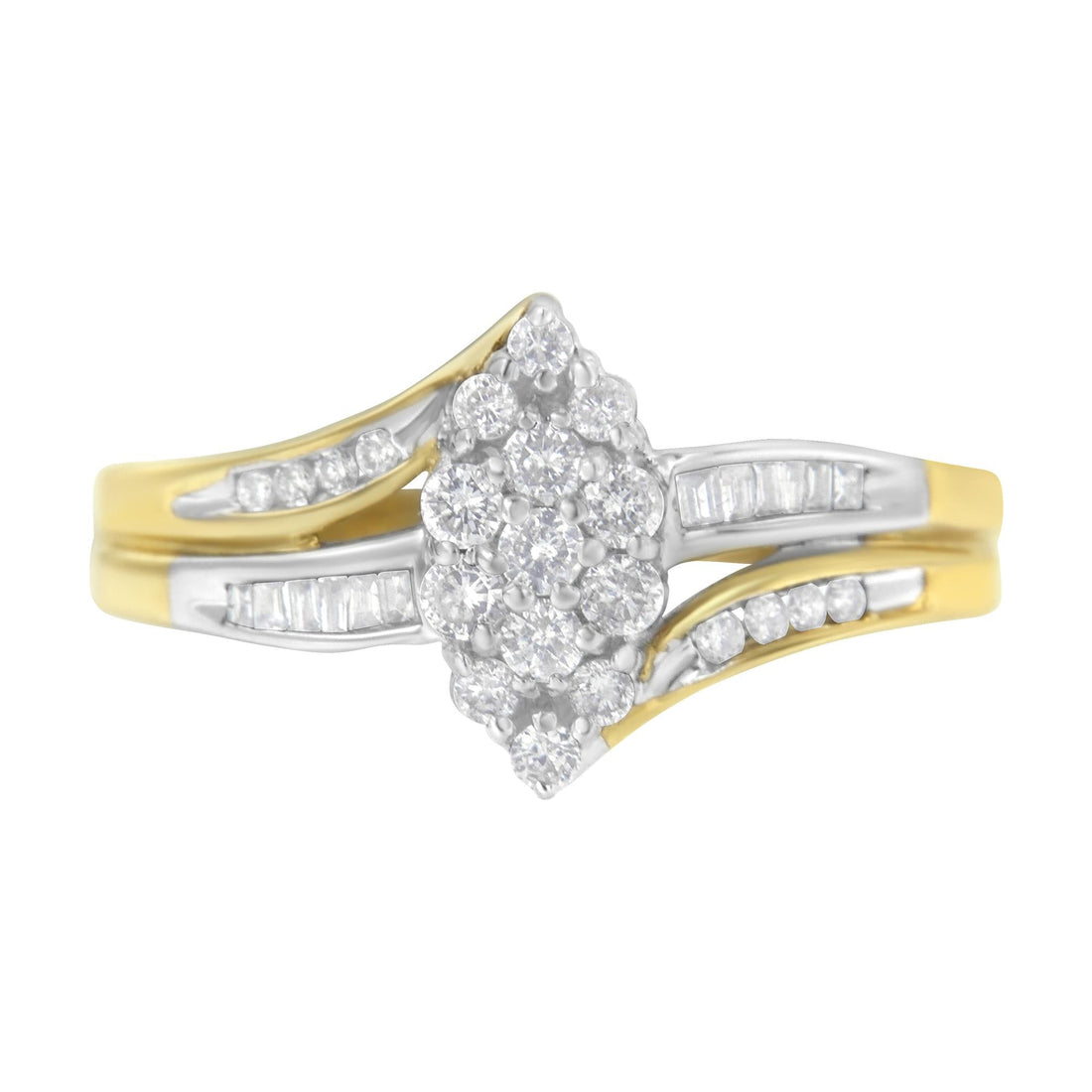 Gold and silver ring with clustered round diamonds and split shank design.