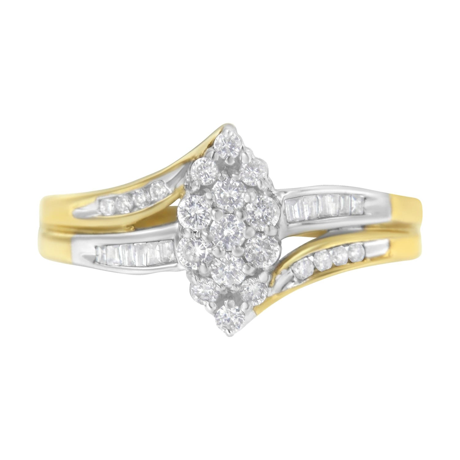 Gold and silver ring with clustered round diamonds and split shank design.