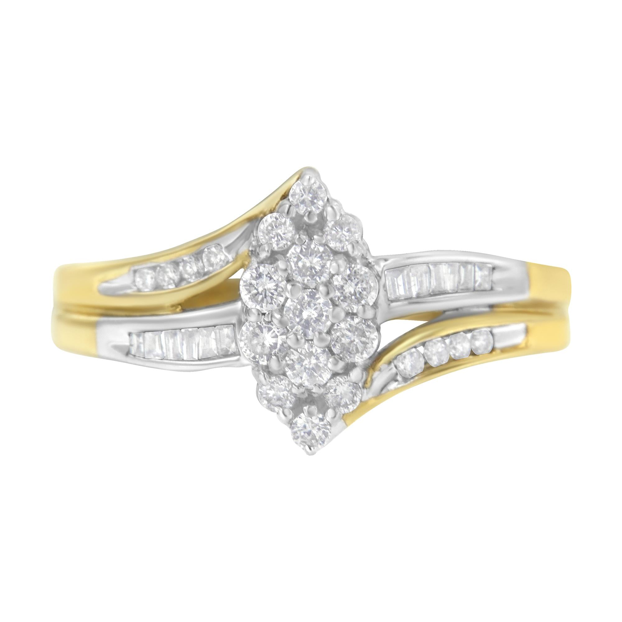 Gold and silver ring with clustered round diamonds and split shank design.
