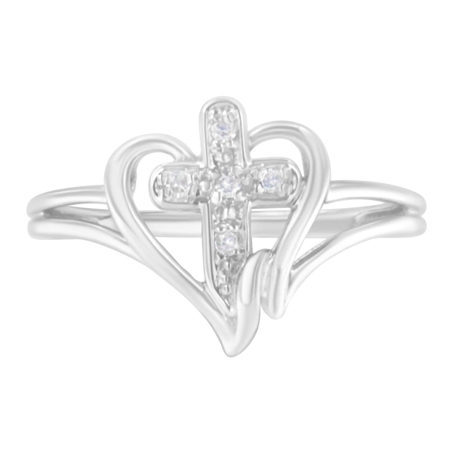 Silver ring features a heart shape and a diamond-studded cross at the center.