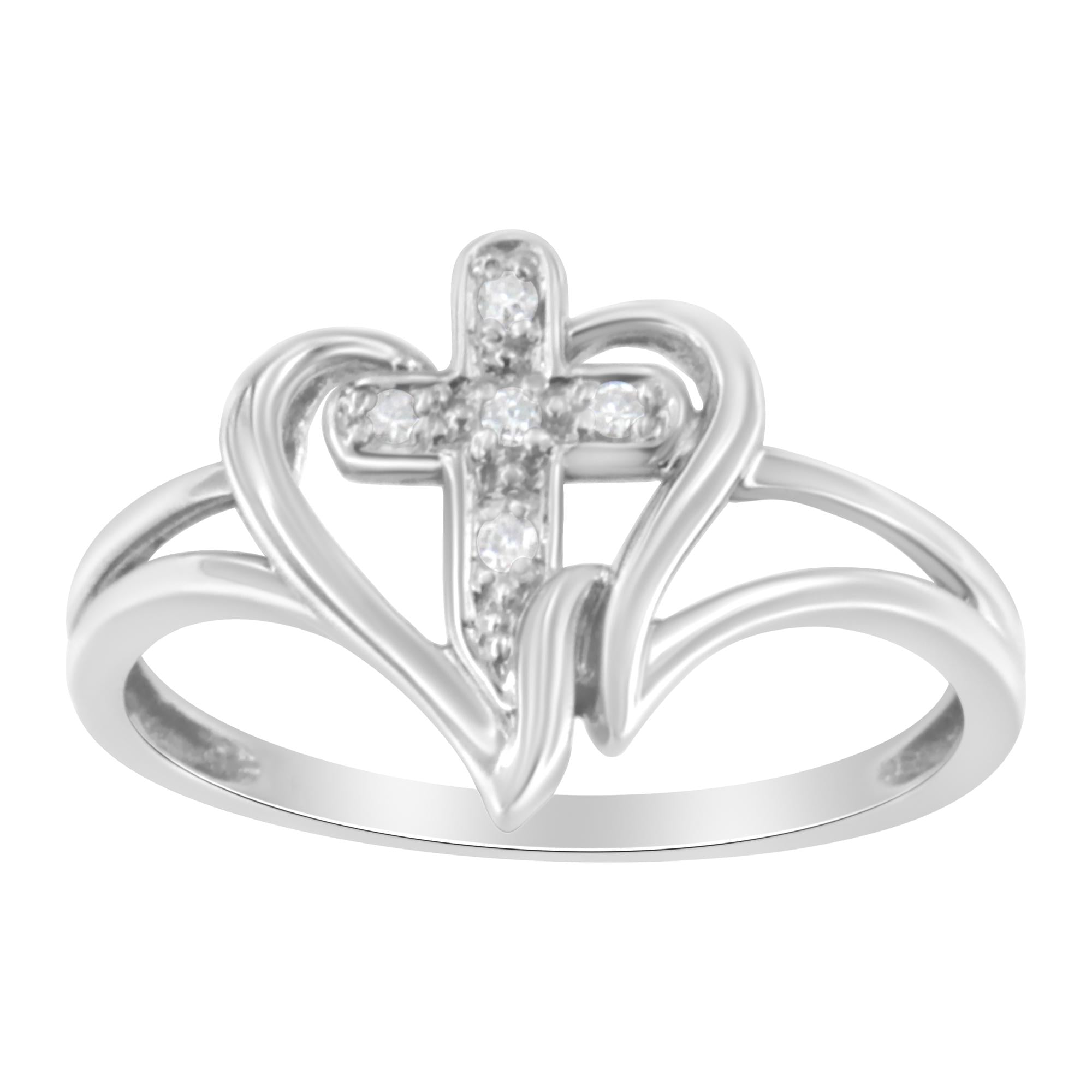 Silver heart-shaped ring with diamond-accented cross in the center.