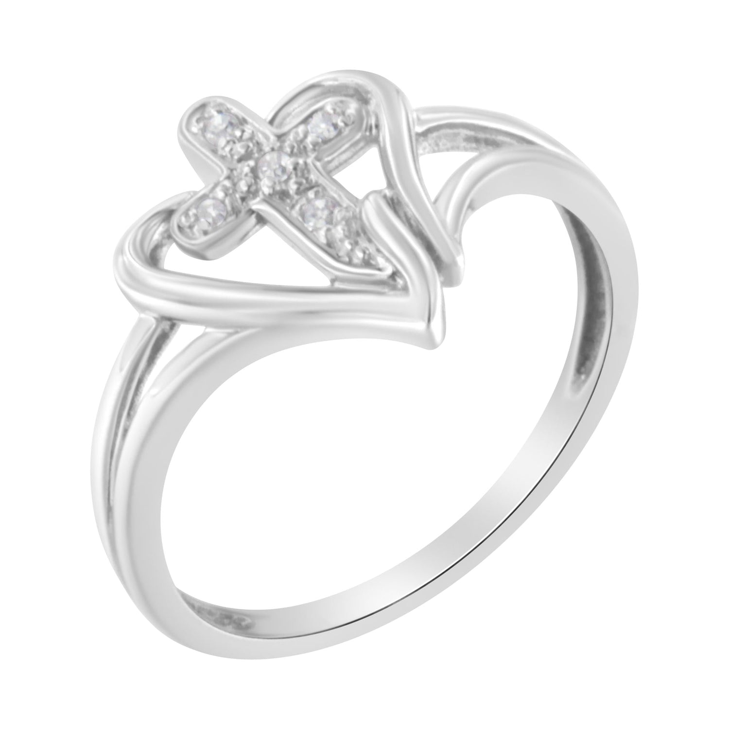 Silver ring with a heart design and diamond-studded cross on top.