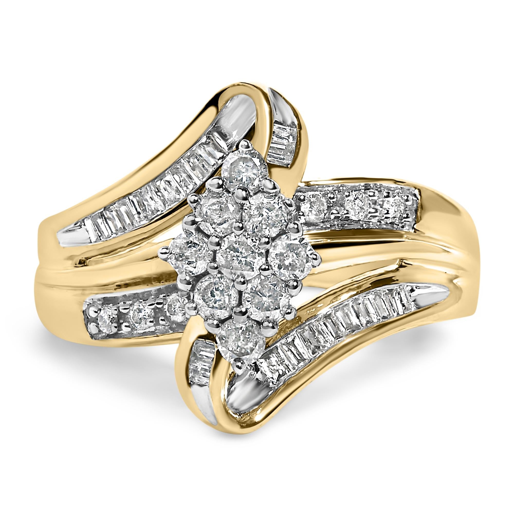 Gold ring with intertwined bands, featuring a cluster of round diamonds and baguette accents.