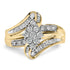 Gold ring with intertwined bands, featuring a cluster of round diamonds and baguette accents.