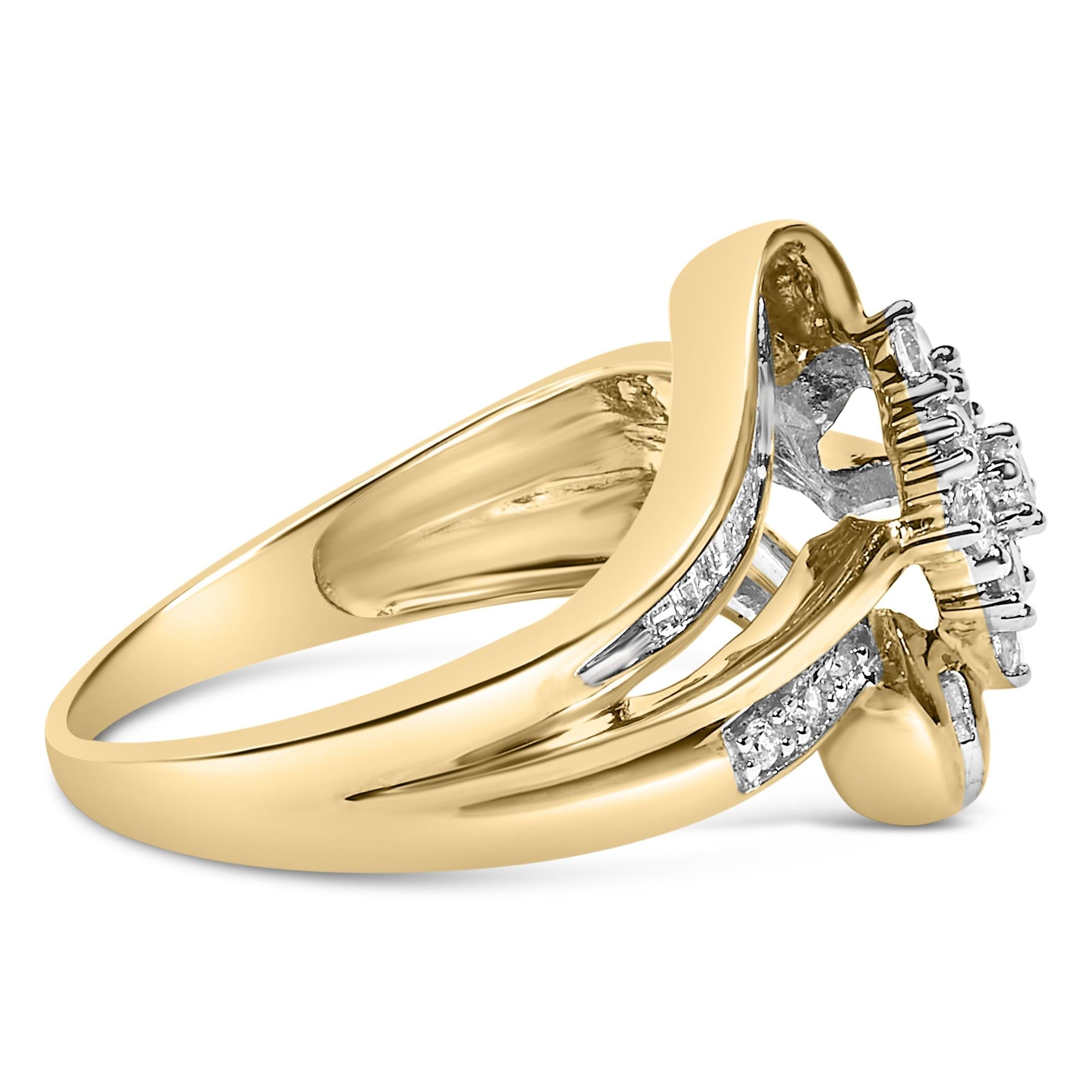 Gold ring with a split shank design, featuring small embedded diamonds and silver accents.