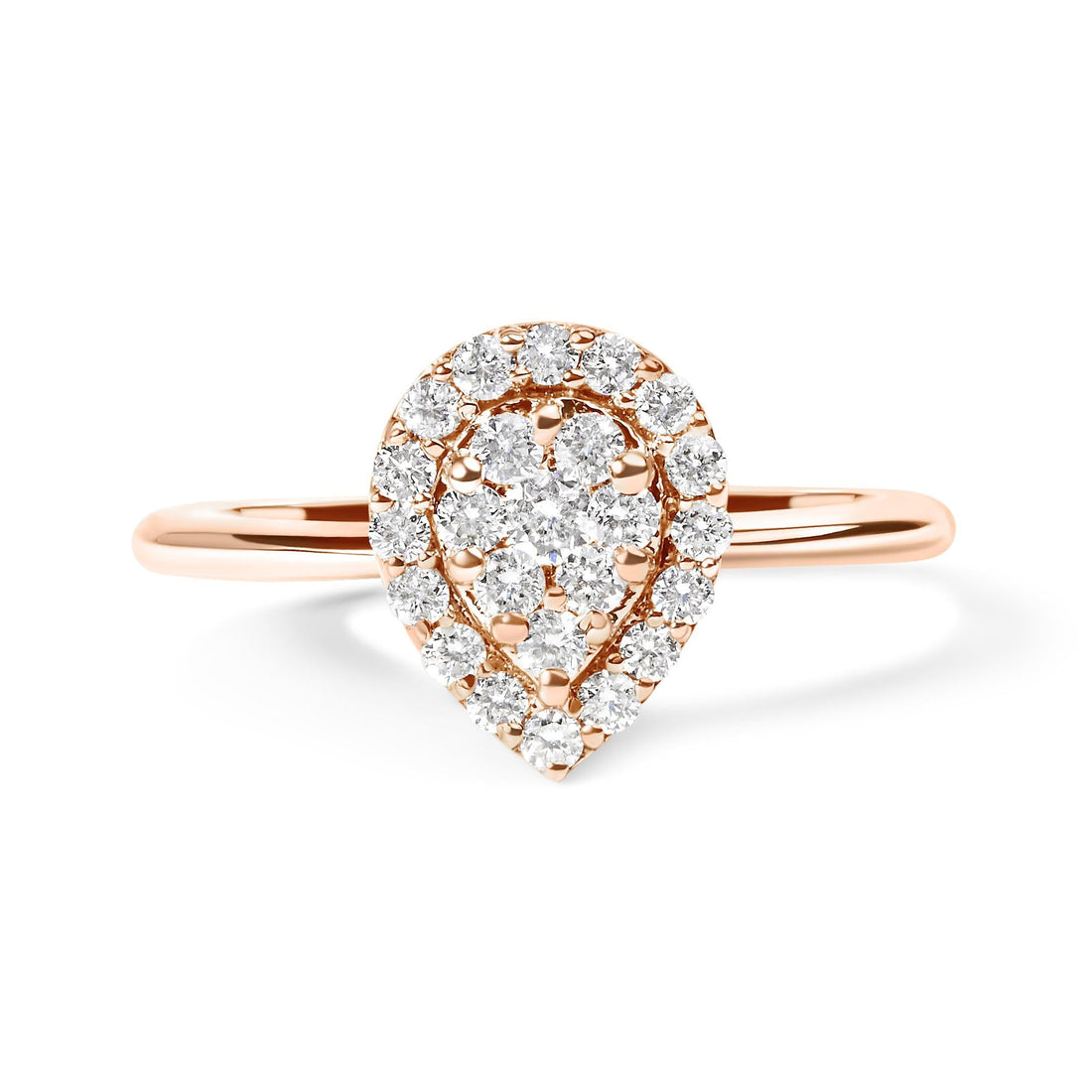 Rose gold ring with a teardrop-shaped cluster of small, sparkling clear gemstones.