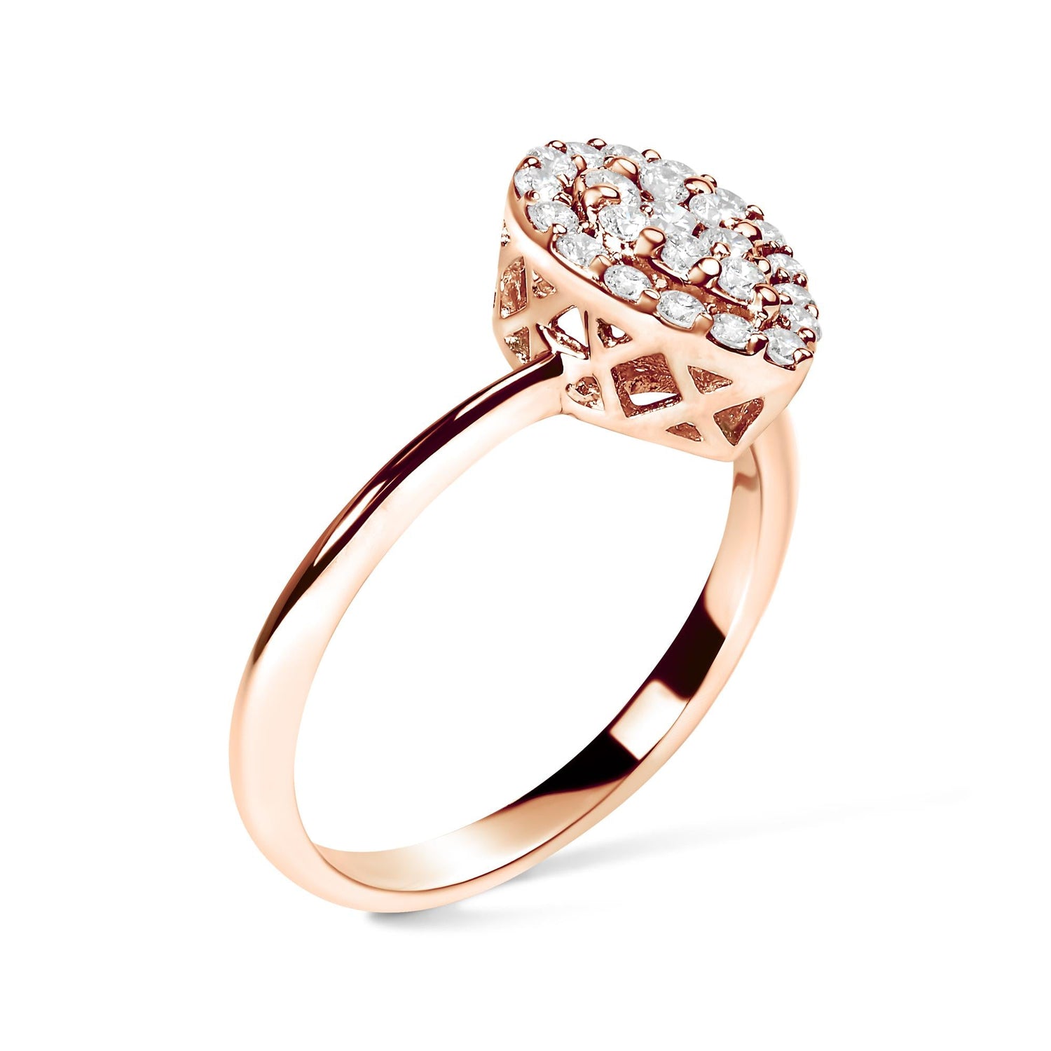 Rose gold ring with a diamond-studded oval top and intricate lattice setting.