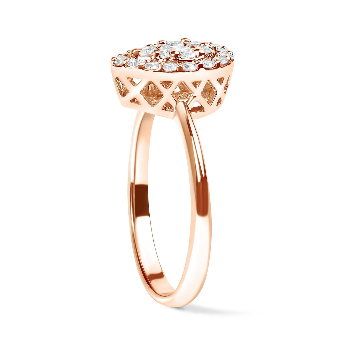 Rose gold ring with a lattice design and a cluster of sparkling white stones on top.