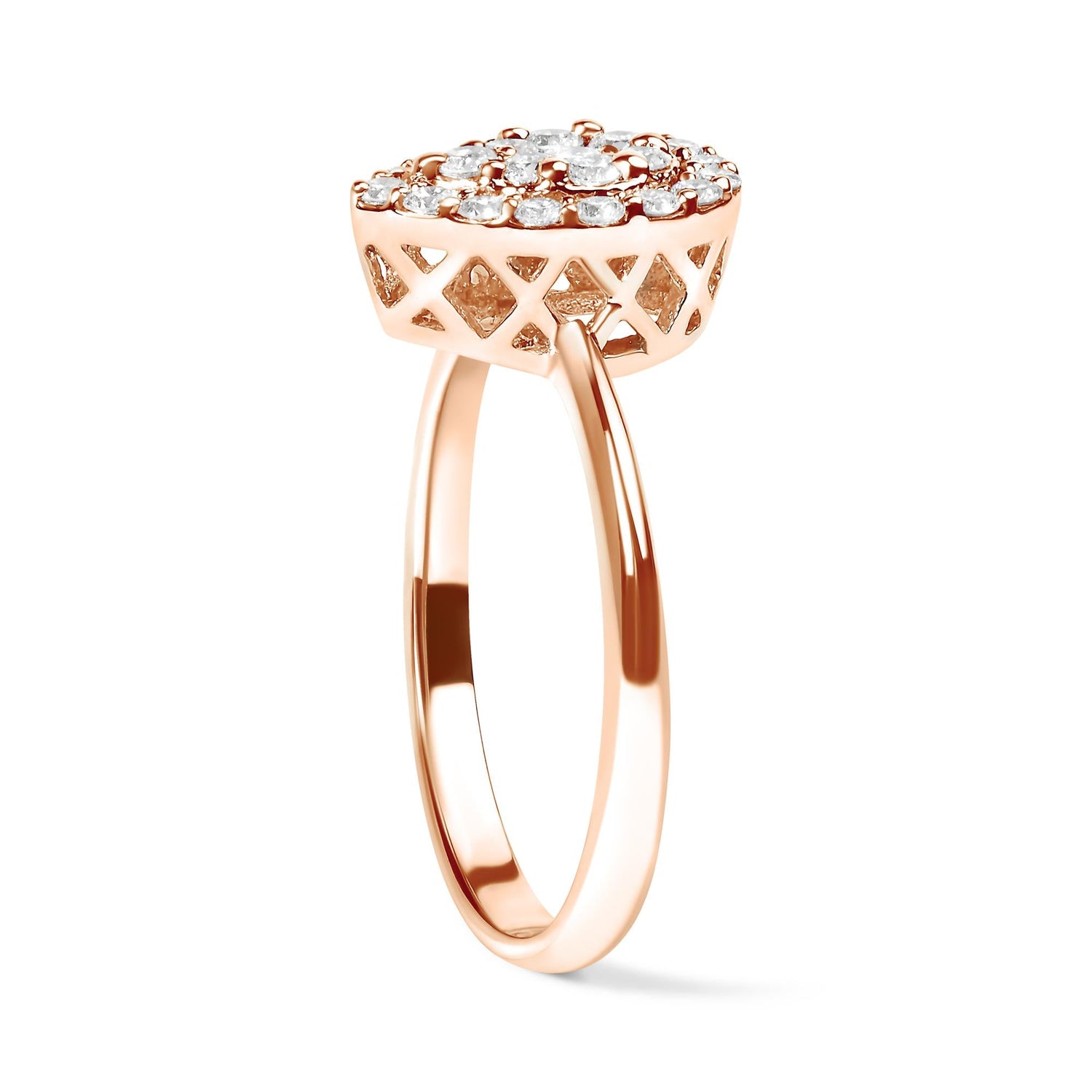 Rose gold ring with a lattice design and a cluster of sparkling white stones on top.