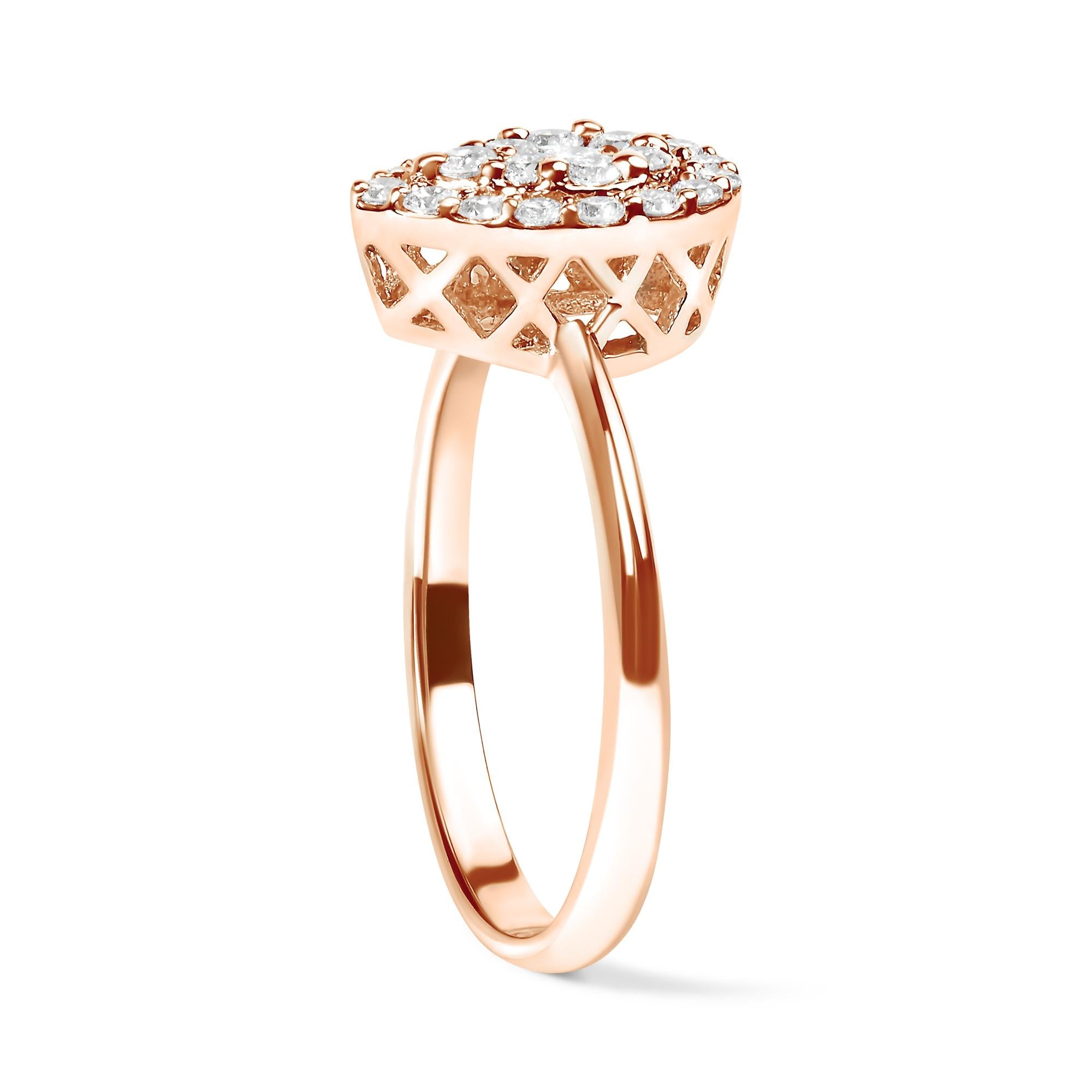 Rose gold ring with a lattice design and a cluster of sparkling white stones on top.