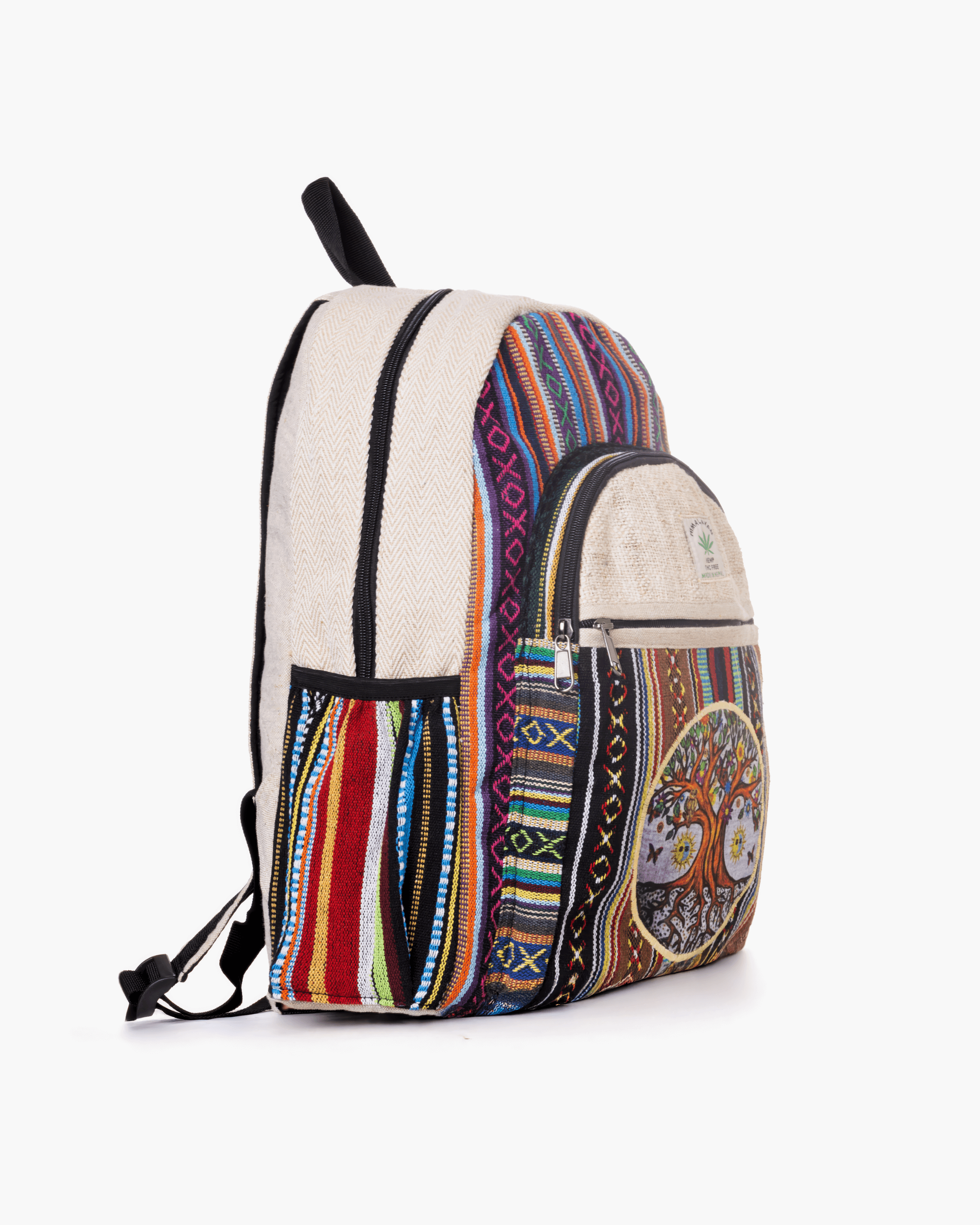 Colorful woven backpack with rainbow stripes, tree embroidery, black zippers, and side pocket.