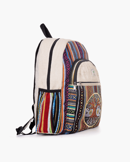 Colorful woven backpack with rainbow stripes, tree embroidery, black zippers, and side pocket.