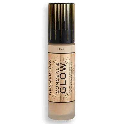 A beige foundation bottle with black and gold-striped cap, labeled "Conceal &amp; Glow."