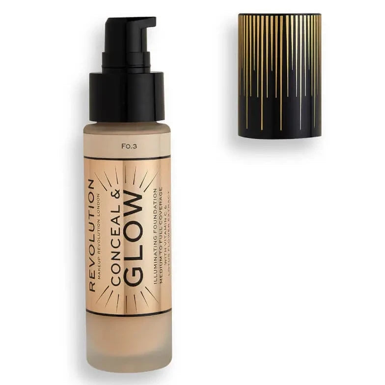 Beige foundation bottle with black pump, labeled "Conceal &amp; Glow," and a black cap with gold lines.