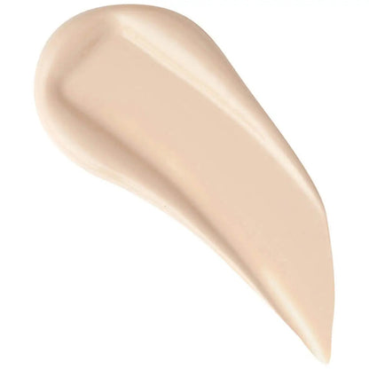 Smooth beige cream smear on white background, with curved edges and glossy texture.