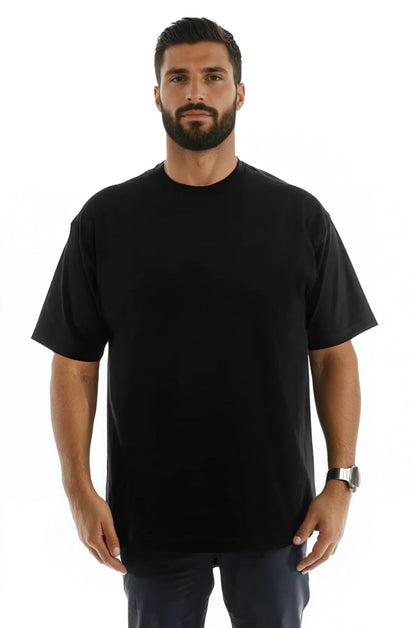 Man wearing a black T-shirt and watch, with a white background.