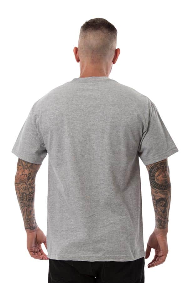 Man with tattoos wearing gray t-shirt and black pants, seen from the back against white background.