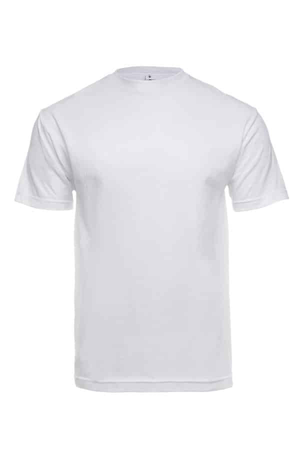 Plain white T-shirt with short sleeves and a round neckline on a white background.