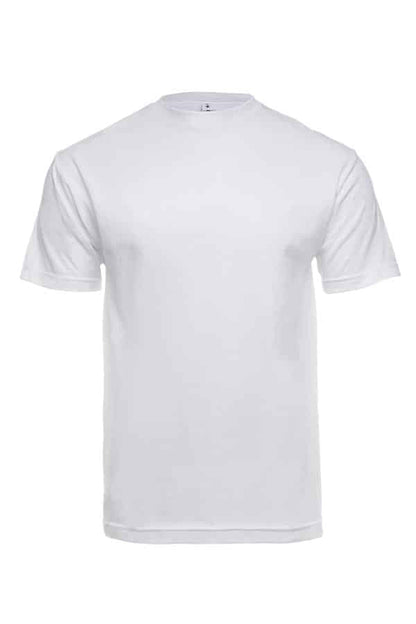 Plain white T-shirt with short sleeves and a round neckline on a white background.