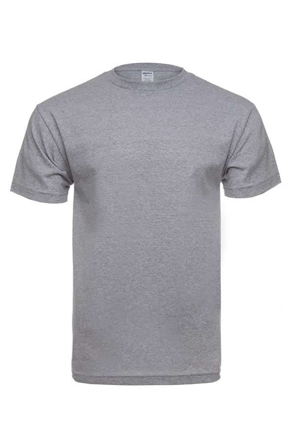 Gray T-shirt with short sleeves and a round neckline, displayed on a plain white background.