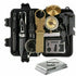 Black survival kit with knife, flashlight, compass, multitool, and beige strap; silver blanket below.