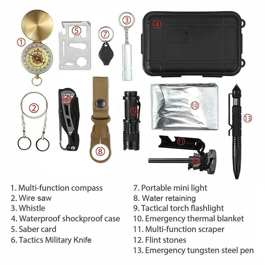 Survival kit with compass, tools, flashlight, thermal blanket, and waterproof case.