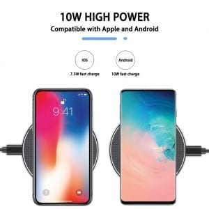 Two smartphones on wireless chargers with "10W High Power" text above; iOS and Android labels.