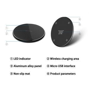 Black wireless charger with LED indicator, aluminum panel, non-slip mat, and micro USB port.
