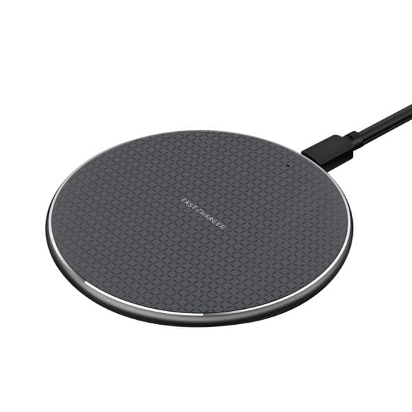 Black, round wireless charger with a textured surface and "FAST CHARGER" text in the center.