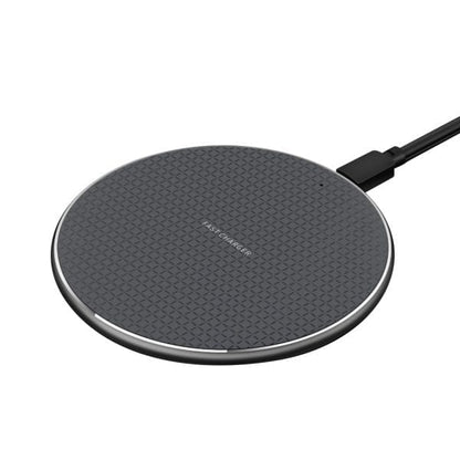 Black, round wireless charger with a textured surface and "FAST CHARGER" text in the center.