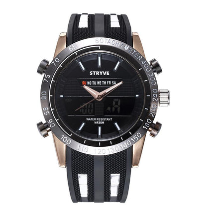 Black and silver watch with analog and digital displays, day indicator, and textured black strap.