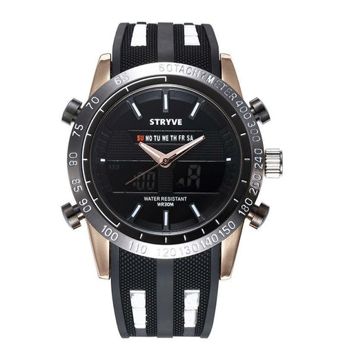 Black and silver watch with a black dial, white markers, digital display, and day of the week feature.