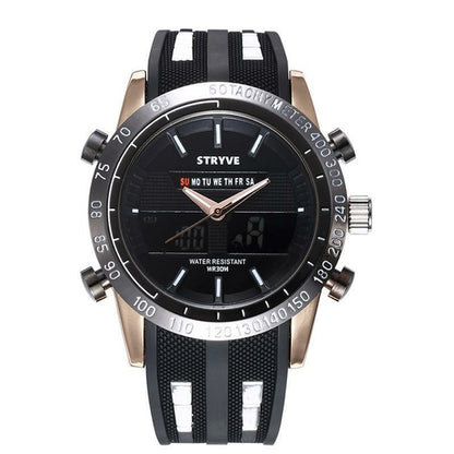 Black and silver watch with a black dial, white markers, digital display, and day of the week feature.