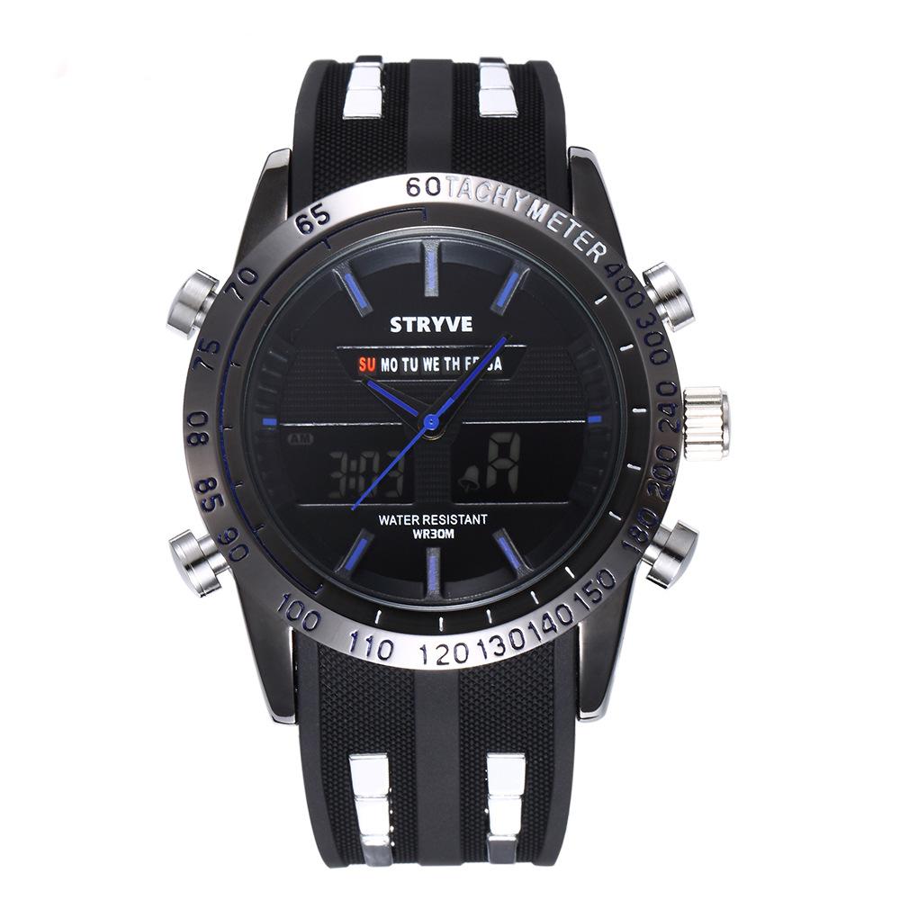 Black and silver sports watch with digital and analog display, blue accents, and rubber strap.