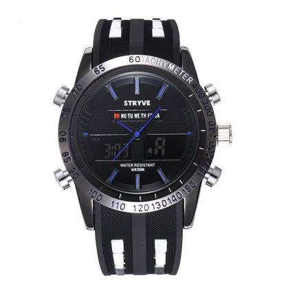 Black and silver sports watch with digital and analog display, blue accents, and rubber strap.