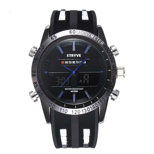 Black digital and analog watch with a round face, blue accents, and a textured black strap.