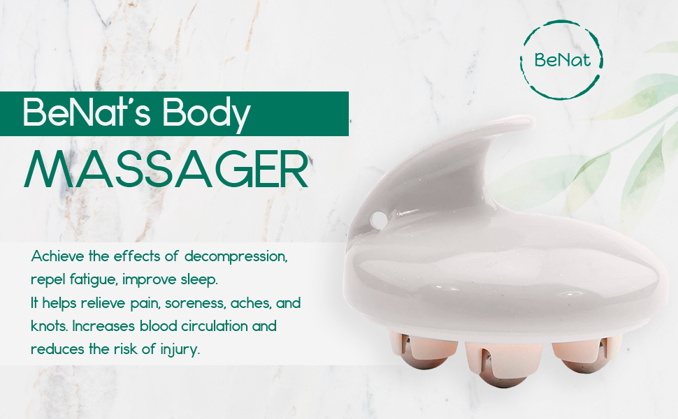 Light gray, dolphin-shaped massager on marble background; green text reads "BeNat&