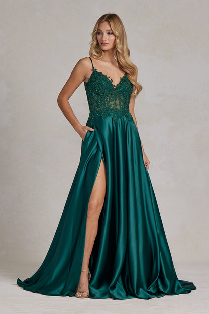 Delicate Lace Embellished A-Line Graduation Satin Gown w/ Side Pockets &amp; Daring Leg Slit NXK1121-0