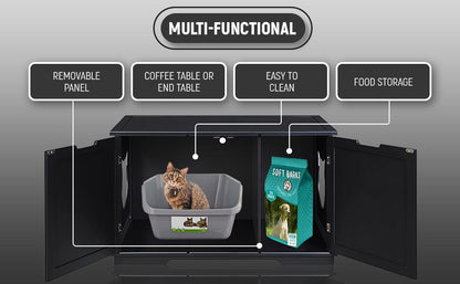 Black multifunctional cabinet with doors open, showing a cat in a tray and dog food bag inside.