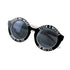 Black round sunglasses with playful white text around lenses.
